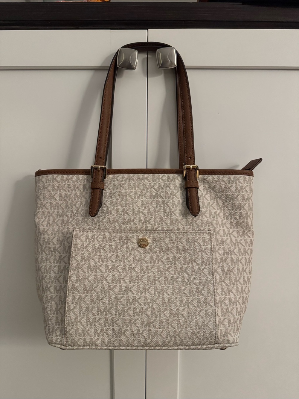 ❤️ Michael Kors Cream Logo Tote with Brown Trim